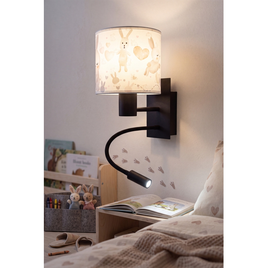 Brilagi - LED детска гъвкава стенна лампа BOBO 1xE27/25W/230V + LED/3W черна/бяла/с мотив зайчета