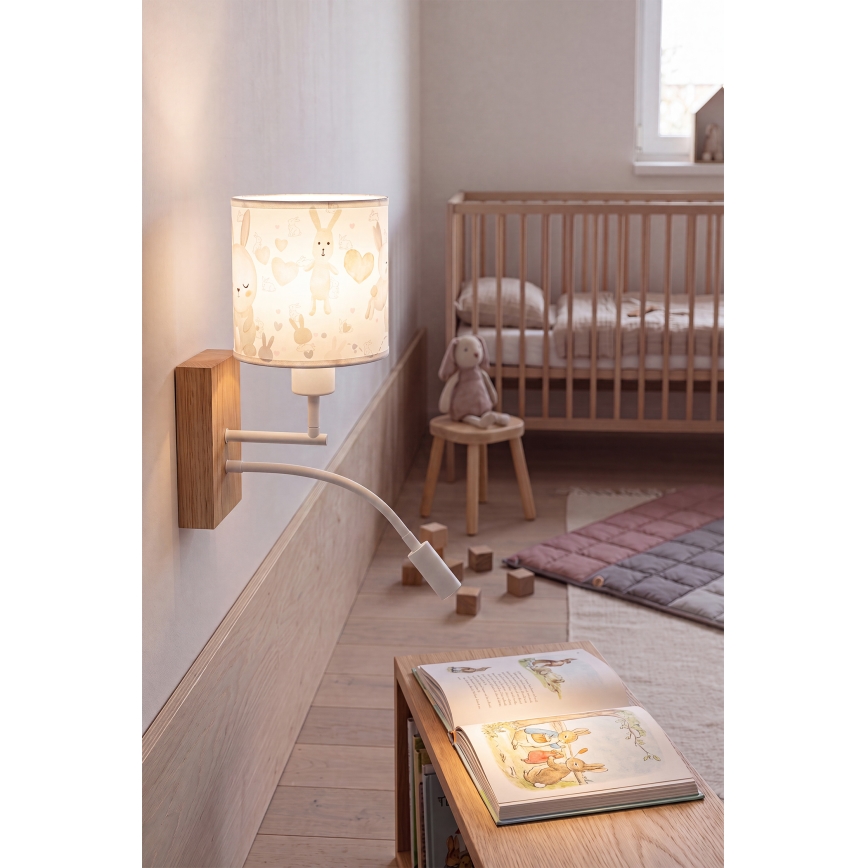 Brilagi - LED детска гъвкава стенна лампа BOBO WOOD 1xE27/25W/230V + LED/3W дъб/бял/зайчета