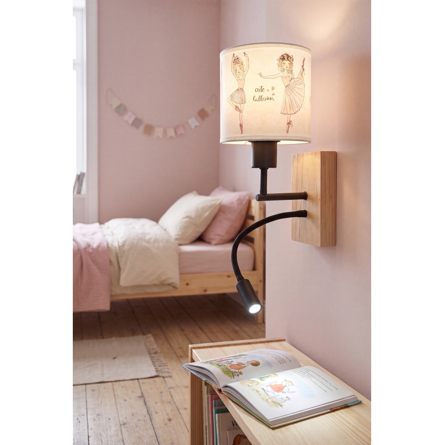 Brilagi - LED детска гъвкава стенна лампа BOBO WOOD 1xE27/25W/230V + LED/3W дъб/черна/бяла/розова/балерини