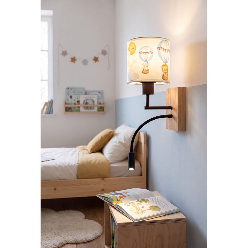 Brilagi - LED детска гъвкава стенна лампа BOBO WOOD 1xE27/25W/230V + LED/3W дъб/черен/бял/с мотив на животни