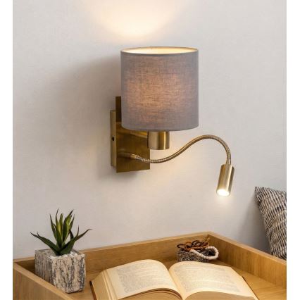 Brilagi - гъвкава LED стенна лампа NUBILA, 1x E27/25W/230V + вграден LED 3W, месинг/светло сива