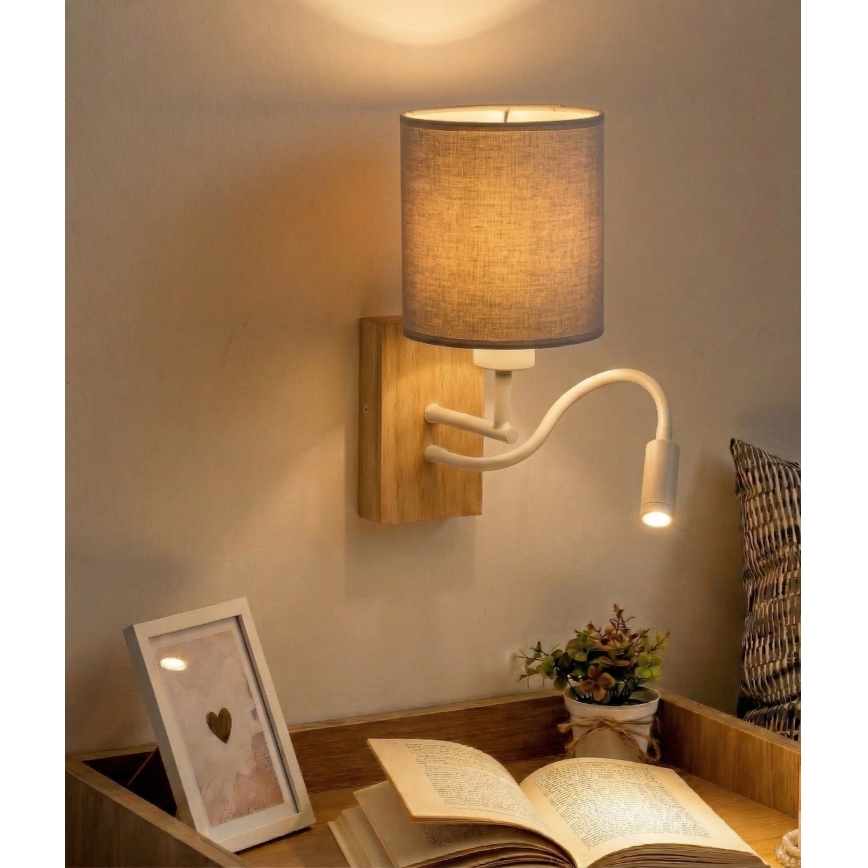 Brilagi - гъвкава LED настенна лампа NUBILA WOOD 1xE27/25W/230V + LED/3W дъб/бял/светлосив
