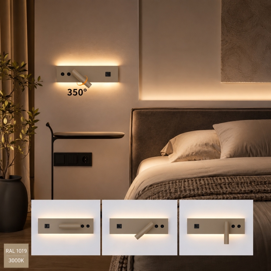 Brilagi - LED стенно точково осветително тяло с USB порт NOCTIS LED/3W/230V + LED/9W бежово