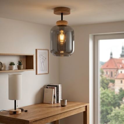 BRILAGI - LED плафон RETRO GLASS 1xE27/60W/230V Ø 14 см дъб/опушено сиво