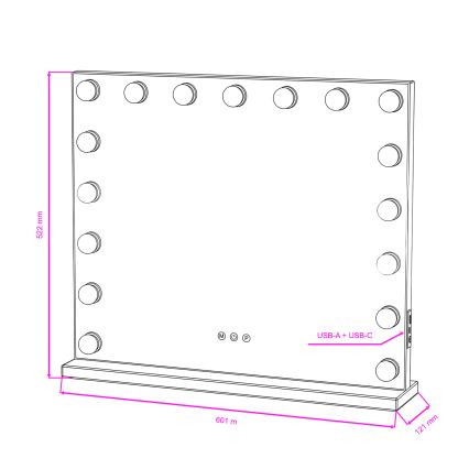 BRILAGI - димируемо LED огледало за грим HOLLYWOOD LED/15W/230V CCT + 2x USB 60x50 cm черно