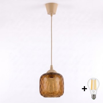 Brilagi - LED пендант на кабел RETRO GLASS 1xE27/60W/230V диам. 14 см бежово/опушено кафяво