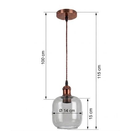 BRILAGI - LED пендел на кабел RETRO GLASS 1xE27/60W/230V Ø 14 см меден/опушен сив