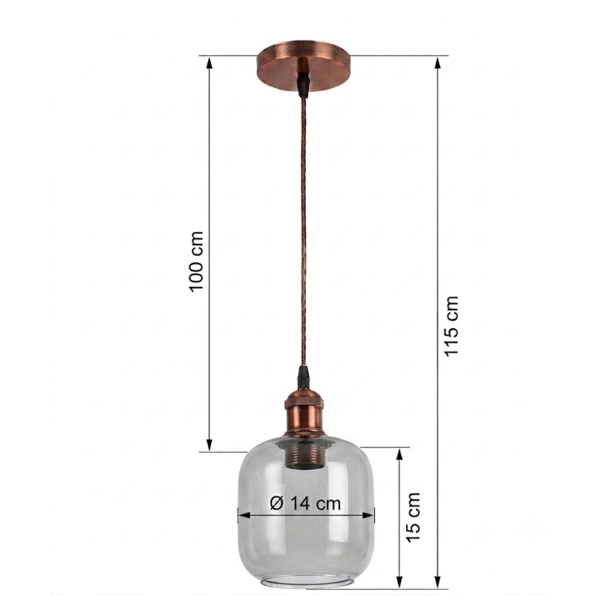 BRILAGI - LED пендел на кабел RETRO GLASS 1xE27/60W/230V Ø 14 см меден/опушен сив