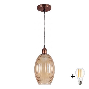 Brilagi - LED пендел на кабел RETRO GLASS 1xE27/60W/230V Ø 17 cm мед/опушено бежово