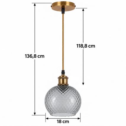 BRILAGI - LED полилей на кабел RETRO GLASS 1xE27/60W/230V Ø 18 см златист/димчато сив