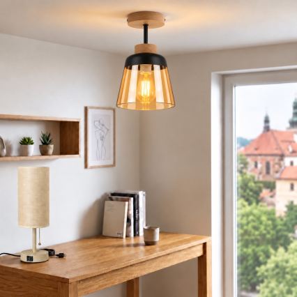 BRILAGI - LED плафон RETRO GLASS 1xE27/60W/230V Ø 15,5 cm дъб/опушено бежово