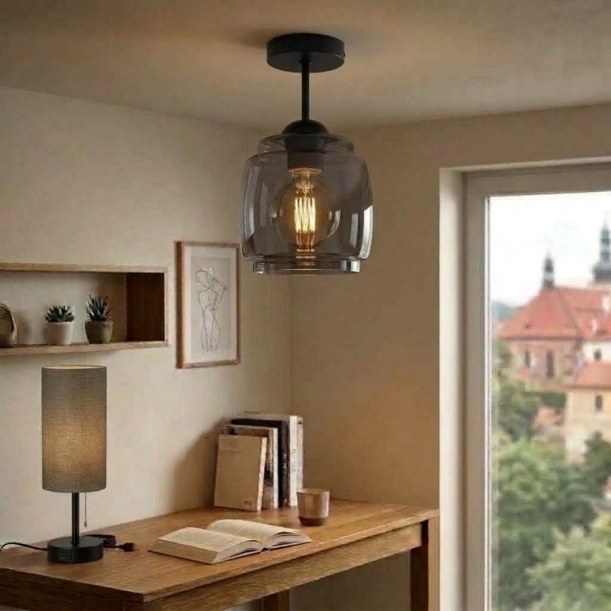 BRILAGI - LED Полилей за повърхностен монтаж RETRO GLASS 1xE27/60W/230V Ø 26 cm черен/димчато сив