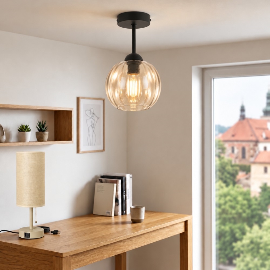 BRILAGI - LED плафон RETRO GLASS 1xE27/60W/230V Ø 18 см черен/димно бежов