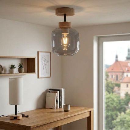 BRILAGI - LED плафон RETRO GLASS 1xE27/60W/230V Ø 14 см дъб/димно сиво
