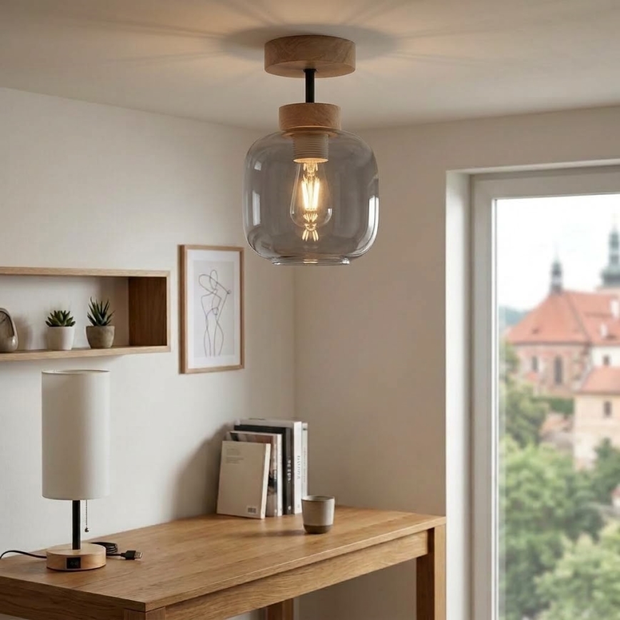 BRILAGI - LED плафон RETRO GLASS 1xE27/60W/230V Ø 14 см дъб/димно сиво