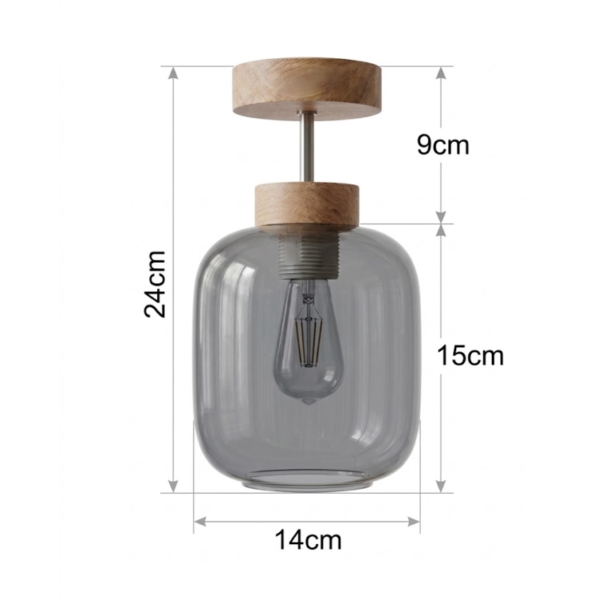 BRILAGI - LED плафон RETRO GLASS 1xE27/60W/230V Ø 14 см дъб/димно сиво