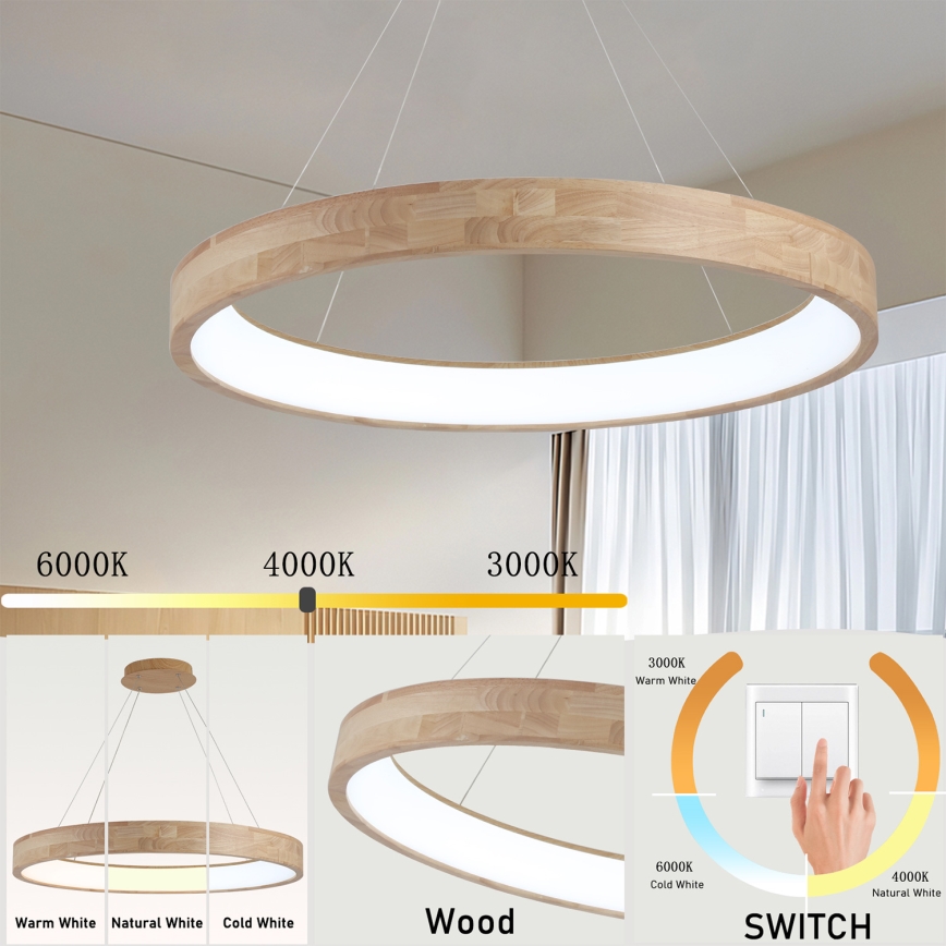 Brilagi - LED полилей на кабел FALCON WOOD LED/60W/230V 3000/4000/6000K пр. 80 cm дърво