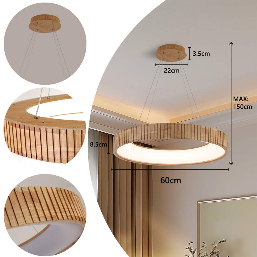 Brilagi - LED полилей на кабел FALCON WOOD MODERN LED/40W/230V 3000/4000/6000K диаметър 60 cm дърво