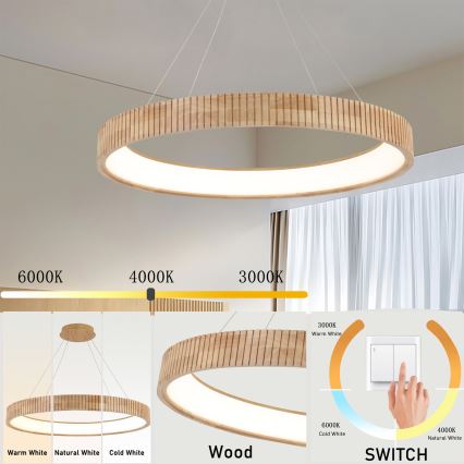Brilagi - LED полилей на кабел FALCON WOOD MODERN LED/60W/230V 3000/4000/6000K Ø 80 см дърво