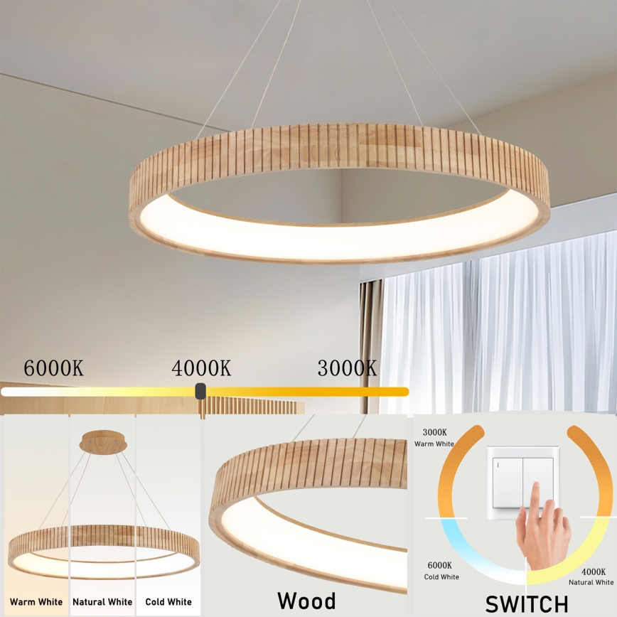Brilagi - LED полилей на кабел FALCON WOOD MODERN LED/60W/230V 3000/4000/6000K Ø 80 см дърво