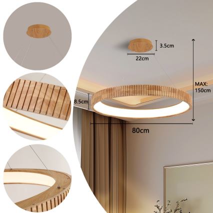Brilagi - LED полилей на кабел FALCON WOOD MODERN LED/60W/230V 3000/4000/6000K Ø 80 см дърво
