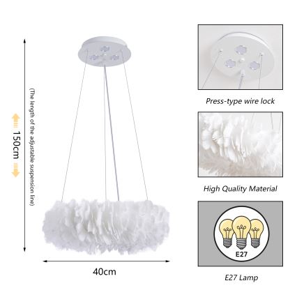 Brilagi - LED полилей на кабел FEATHER 3xE27/40W/230V + 3xLED/3W Ø 40 см бял