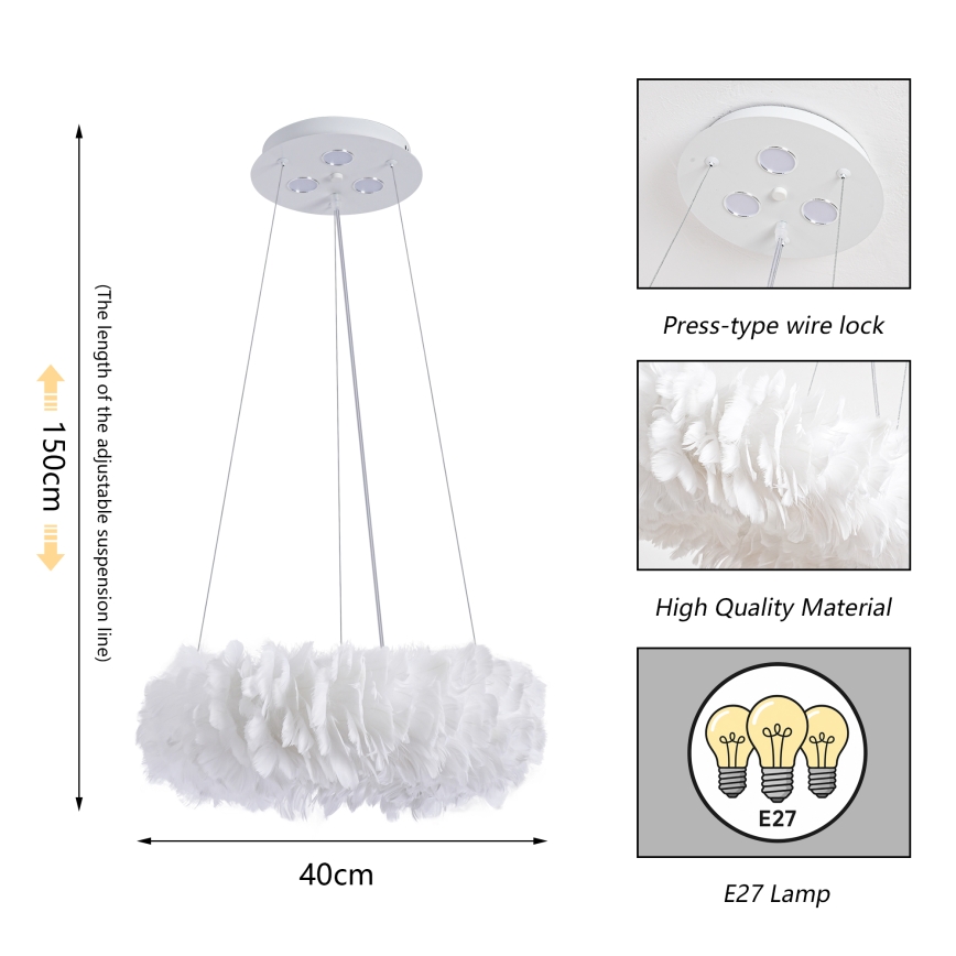 Brilagi - LED полилей на кабел FEATHER 3xE27/40W/230V + 3xLED/3W Ø 40 см бял