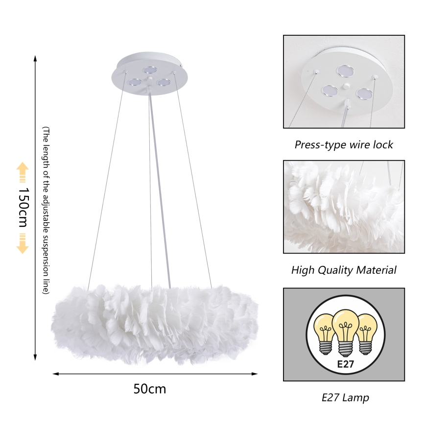 Brilagi - LED полилей на кабел FEATHER 3xE27/40W/230V + 3xLED/3W, Ø 50 cm, бял