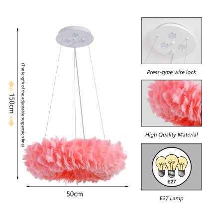 Brilagi - LED полилей на кабел FEATHER 3xE27/40W/230V + 3xLED/3W Ø 50 см, розов
