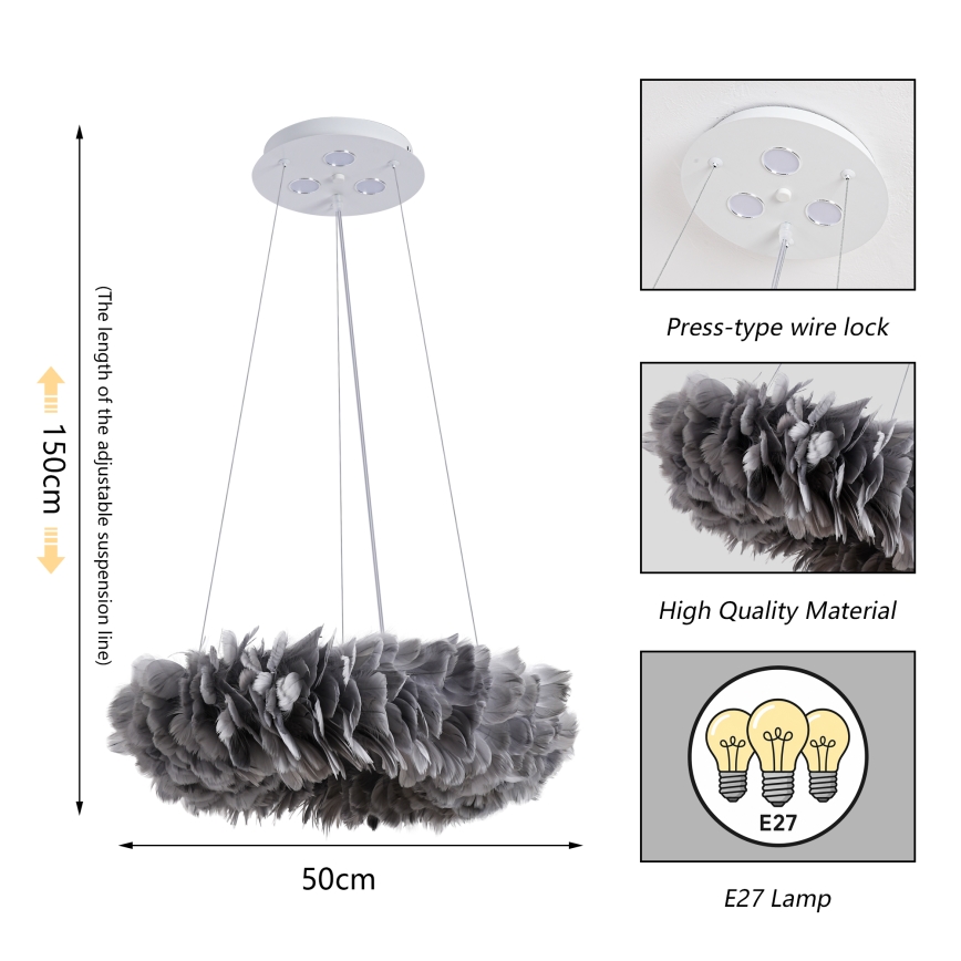 Brilagi - LED полилей на кабел FEATHER 3xE27/40W/230V + 3xLED/3W Ø 50 см сив