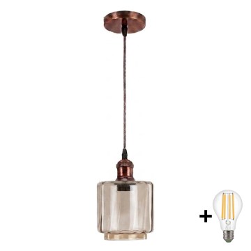 Brilagi - LED полилей на кабел RETRO GLASS 1xE27/60W/230V, диаметър 14 см, меден/димчато бежов