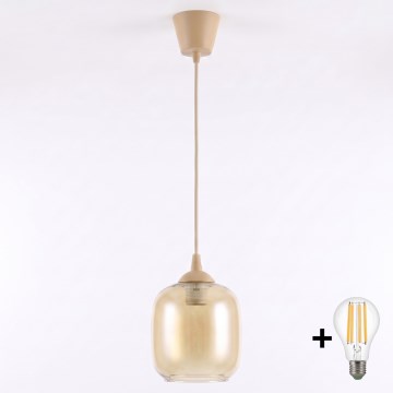 Brilagi - LED полилей на кабел RETRO GLASS 1xE27/60W/230V Ø 14 см бежово/опушено кафяво