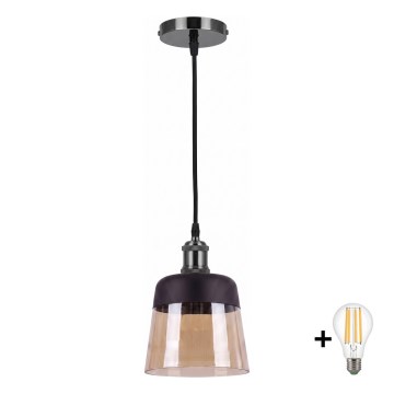 BRILAGI - LED полилей на кабел RETRO GLASS 1xE27/60W/230V Ø 15,5 cm черен/димчато бежов