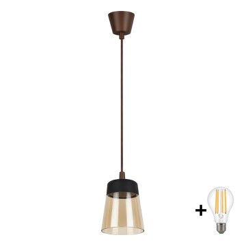 Brilagi - LED полилей на кабел RETRO GLASS 1xE27/60W/230V Ø 15,5 см кафяв/опушено бежово/черен