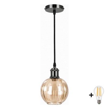 BRILAGI - LED полилей на кабел RETRO GLASS 1xE27/60W/230V Ø 18 cm черно/димчато кафяво