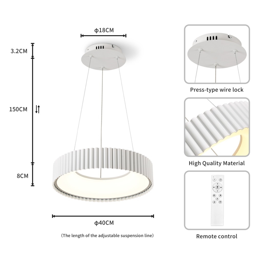 Brilagi - LED полилей за окачване на кабел FALCON MODERN LED/30W/230V 3000–6000K Ø 40 см бял + дистанционно управление