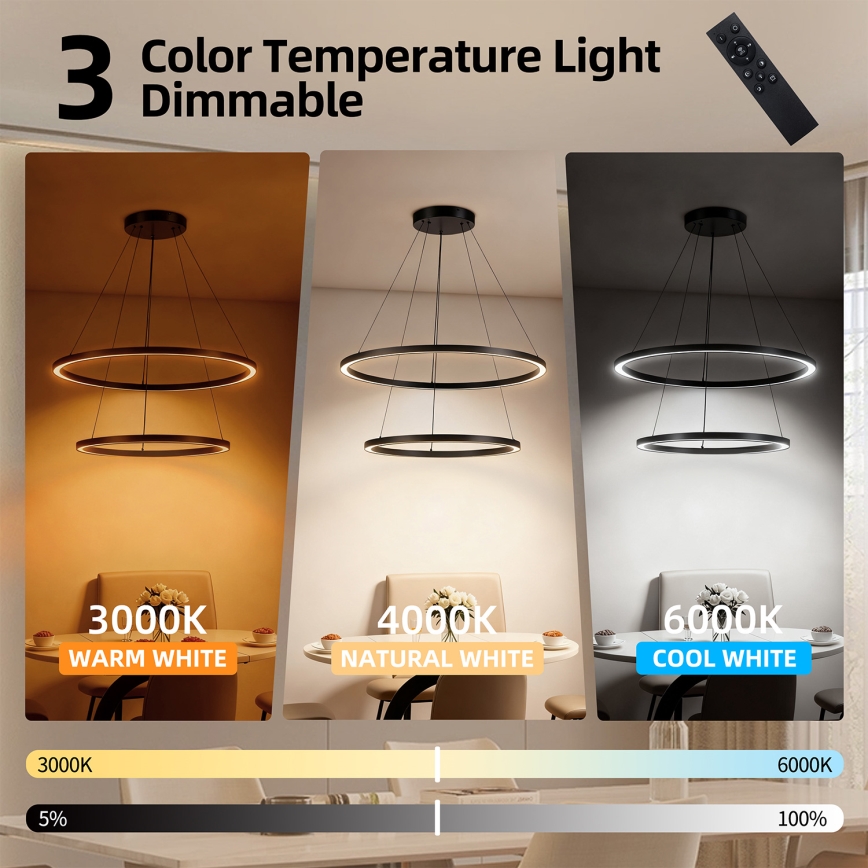 Brilagi - LED димируем полилей на кабел PORTOFINO LED/98W/230V 3000-6000K Ø 80 см черен + дистанционно управление