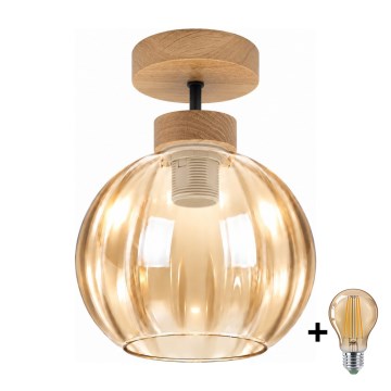 BRILAGI - LED полилей за таван RETRO GLASS 1xE27/60W/230V Ø 18 см дъб/димчато бежово
