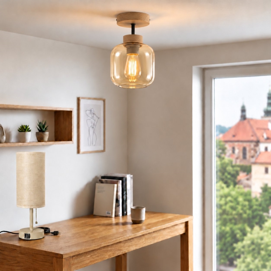 BRILAGI - LED Прикрепен таванен полилей RETRO GLASS 1xE27/60W/230V Ø 14 см дъб/димно бежово
