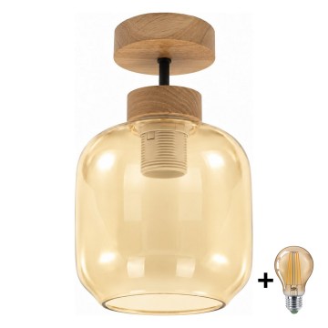 BRILAGI - LED Прикрепен таванен полилей RETRO GLASS 1xE27/60W/230V Ø 14 см дъб/димно бежово