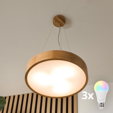 BRILAGI - LED RGBW димируем полилей на кабел CARVALHO 3xE27/12W/230V 2700-6500K дъб Ø 47,5 см