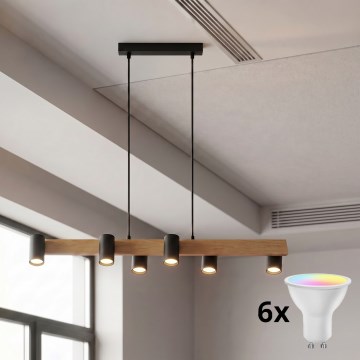 Brilagi - LED RGBW димируем полилей на кабел SELE 6xGU10/6,5W/230V 2700-6500K черен/дъбов декор + дистанционно управление