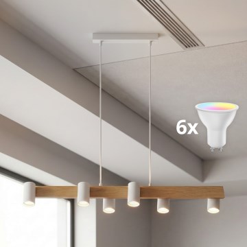 Brilagi - LED RGBW димируем полилей на кабелно окачване SELE 6xGU10/6,5W/230V 2700-6500K бял/дъбов декор + дистанционно управление