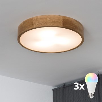 Brilagi - LED RGBW димируема плафониера CARVALHO 3xE27/15W/230V 2700-6500K Wi-Fi дъб Ø 47,5 см