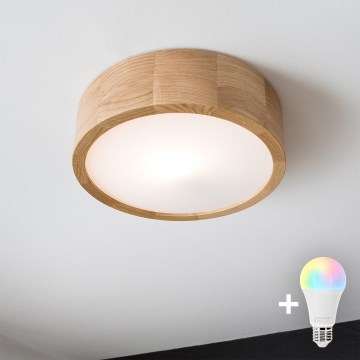 Brilagi - LED RGBW димируемо таванно осветително тяло CARVALHO 1xE27/9W/230V 2700-6500K с Wi-Fi в цвят дъб, диаметър 27,5 см
