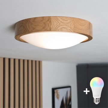 Brilagi - LED RGBW димируемо таванно осветително тяло CARVALHO SLIM 1xE27/9W/230V 2700-6500K Wi-Fi дъб Ø 27 см
