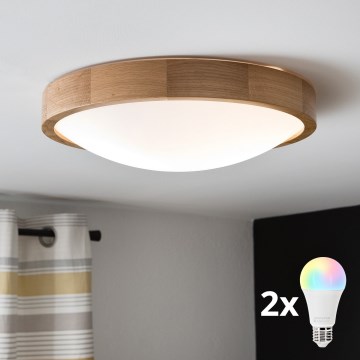 Brilagi - LED RGBW димируемо таванно осветително тяло CARVALHO SLIM 2xE27/15W/230V 2700-6500K Wi-Fi цвят дъб, диам. 37 см
