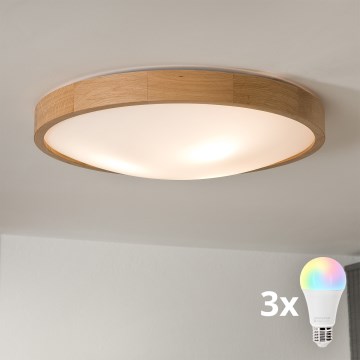 Brilagi - LED RGBW димируемо таванно осветително тяло CARVALHO SLIM 3xE27/15W/230V 2700-6500K Wi-Fi, цвят дъб, диаметър 47 см