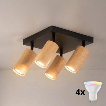 Brilagi - LED RGBW димируемо точково осветително тяло SELE SQUARE 4xGU10/6,5W/230V 2700-6500K черно/дъбов декор