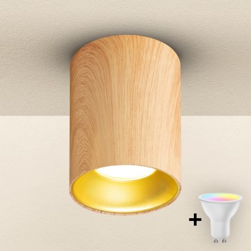 Brilagi - LED RGBW димируемо точково осветително тяло TRINE 1xGU10/6W/230V 3000K дъбов декор + дистанционно управление